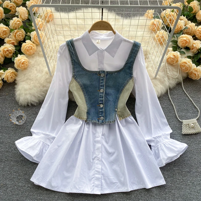 

Fashionable Western Style 2022 Women's Collar-breasted Suspenders Denim Vest Outer Wear Loose Long-sleeved Shirt 2-piece Set