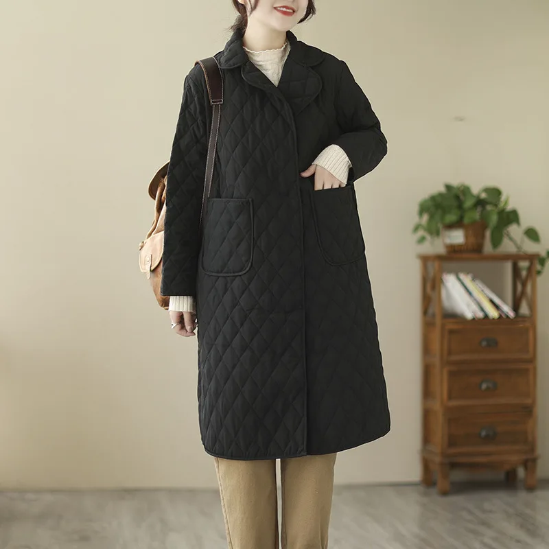 Retro Lapel Double Pockets Mid Length Coat Top Women 2022 Autumn Winter New Elegant Solid Color Windbreaker Warm Cotton Jacket