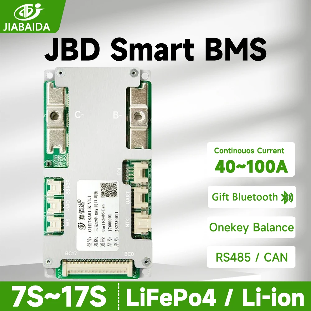 Фото Умная BMS JBD 8S 24V 7S 10S 12S 13S 14S 16S 48V 17S LiFePo4 Li-ion 40A-100A Jiabaida с Bluetooth, балансировкой, RS485, CAN, UART №1