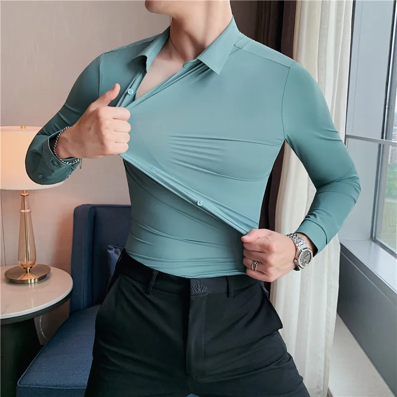

2023 New High Elastic Comfortable Men's Shirt Long Sleeve Slim Fit Casual Shirt Solid Color Business Dress Banquet Party Shirt