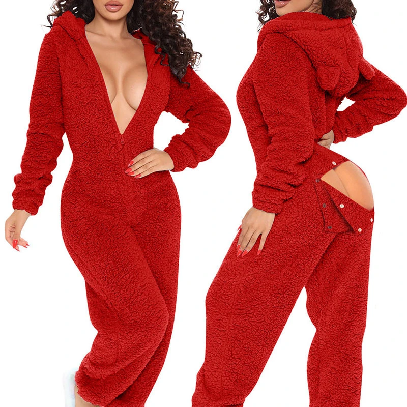 

2022 New Year Sleepwear Home Clothes 3D Ear Buttoned Flap Functional Fluffy Lounge Jumpsuit Hooded Playsuit One Piece Suit Women