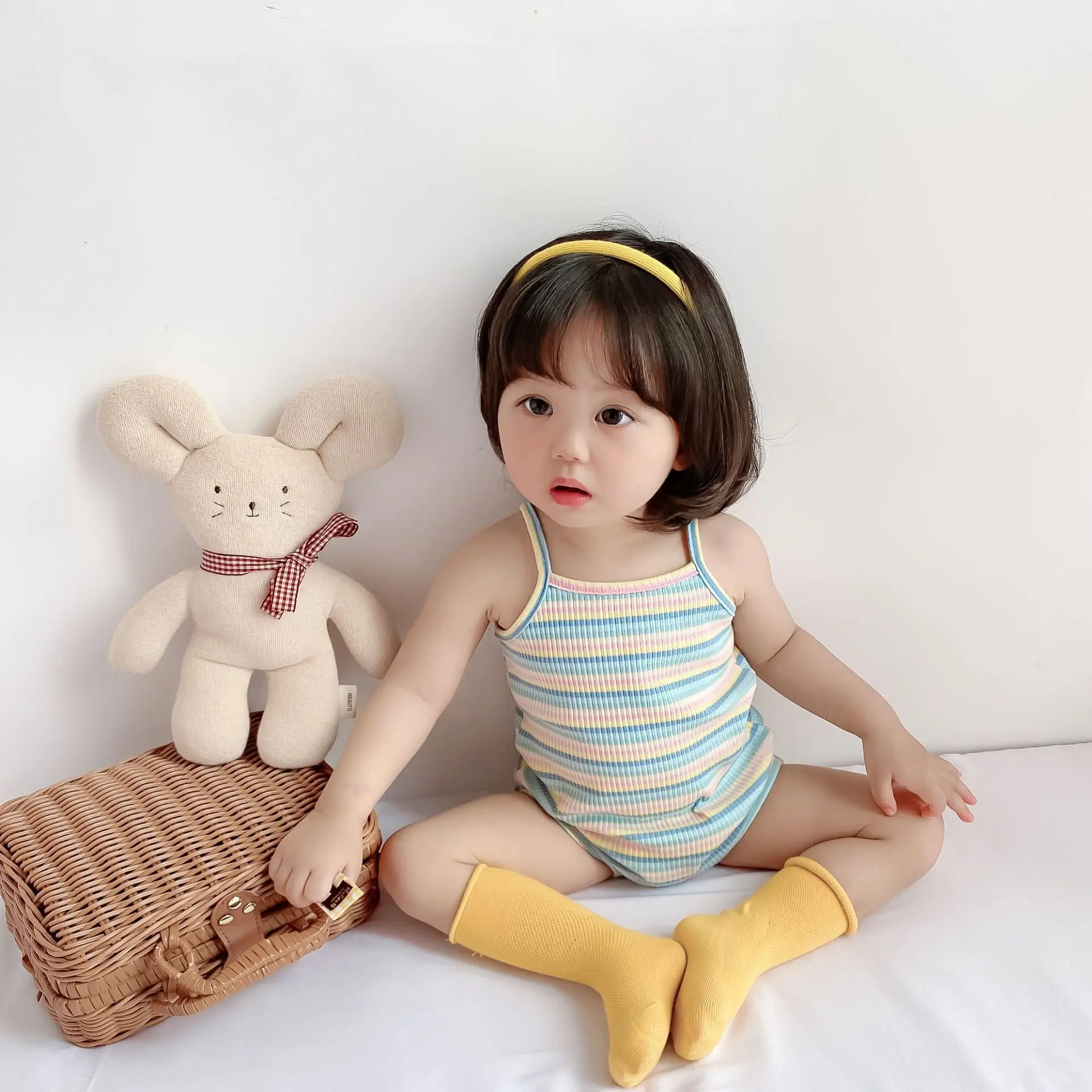 

2022 Rainbow Baby Girl Clothes Rompers Striped Newborn Girl Baby Bodysuits Jumpsuits Toddler Baby Girl Outfit Set Suspenders