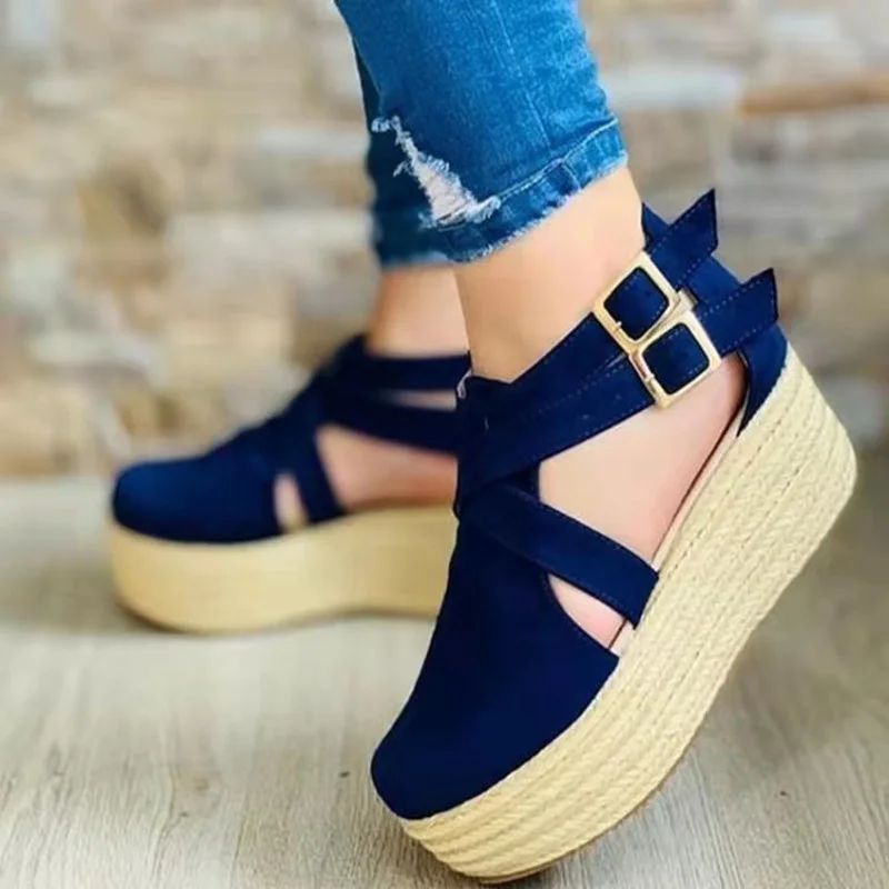 

Summer Women's Vintage Wedge Heel Sandals Woman Buckle Strap Straw Thick Bottom Platform Flats Female Flock Ankle Straps Shoes