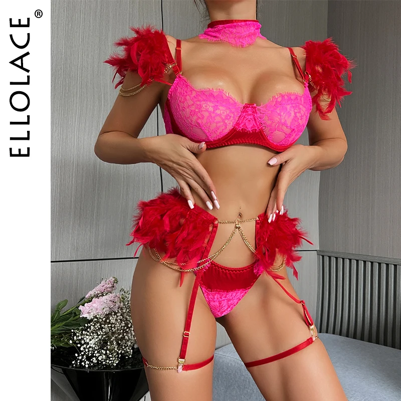 

Ellolace Feather Lingerie See Through Bra Luxury Underwear Women Uncensored 6-Piece Special Light Lady Intimate Red Bra Outfits