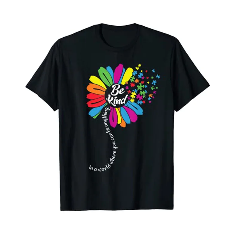 

Autism Awareness Clothes Women Mom Kids Acceptance Sunflower Be Kind T-Shirt Mother's Day Gifts Floral Print Graphic Tee Tops