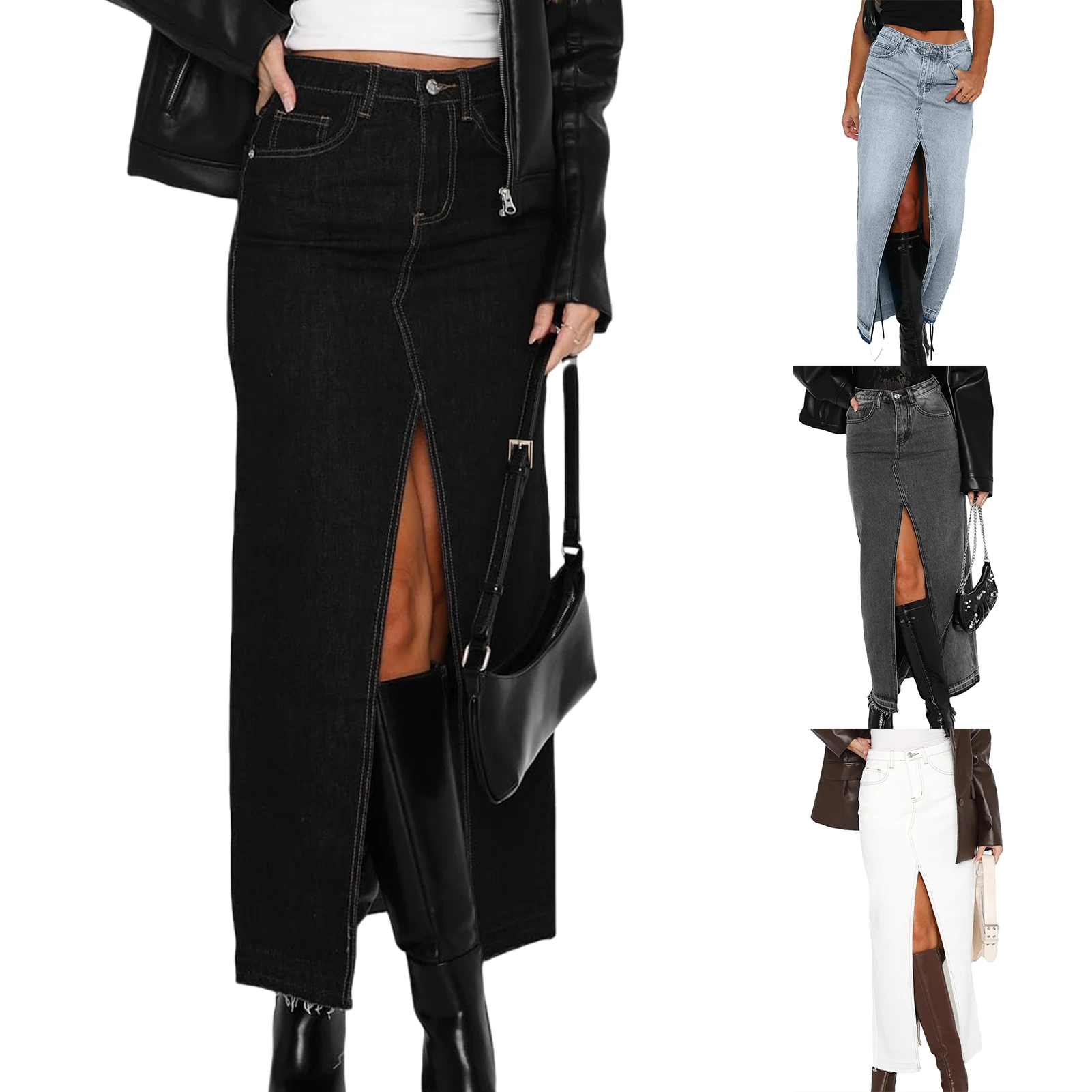 

Sexy Casual Skirt Front Slit High Waist Jean Skirt Zipper Closure Women Skirt with Pockets Y2K Style Solid Color Streetwear Suit