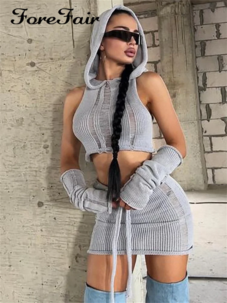 

Женский трикотажный комплект Forefair Y2K из 2 предметов, летний сексуальный укороченный топ с капюшоном и мини-юбка с крючком, Женский уличный клубный наряд, 2023