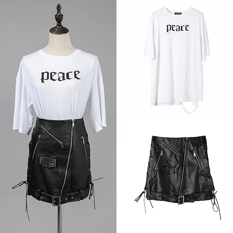 

[Stock] Star with the same summer new letter print white hole T-shirt