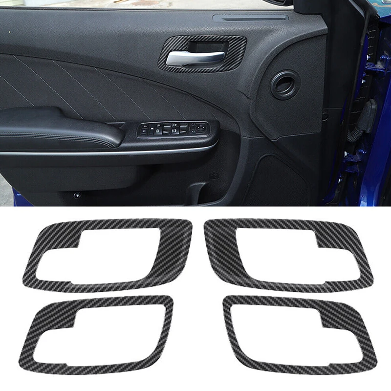 

4Pcs Car Interior Front Rear Left Right Door Handle Bowl Frame Cover Trim Carbon Fiber Style ABS Fit for Dodge Charger 2015-2021