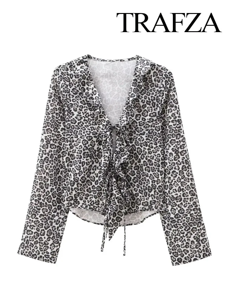 Женская леопардовая Блузка с оборками и V-образным вырезом