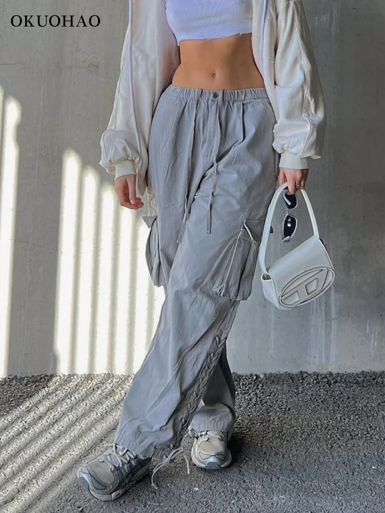 

Женские брюки-карго Y2k с высокой талией и шнурком, мешковатые рабочие брюки, уличная одежда Harajuku, свободные прямые повседневные штаны