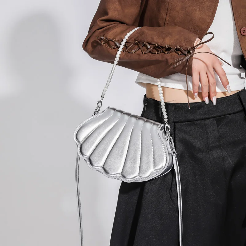 Patent Leather Handbags for Women 2023 New Trend Pearl Beaded Small Shell Bag Candy Color Personality Fashion Woman Shoulder Bag