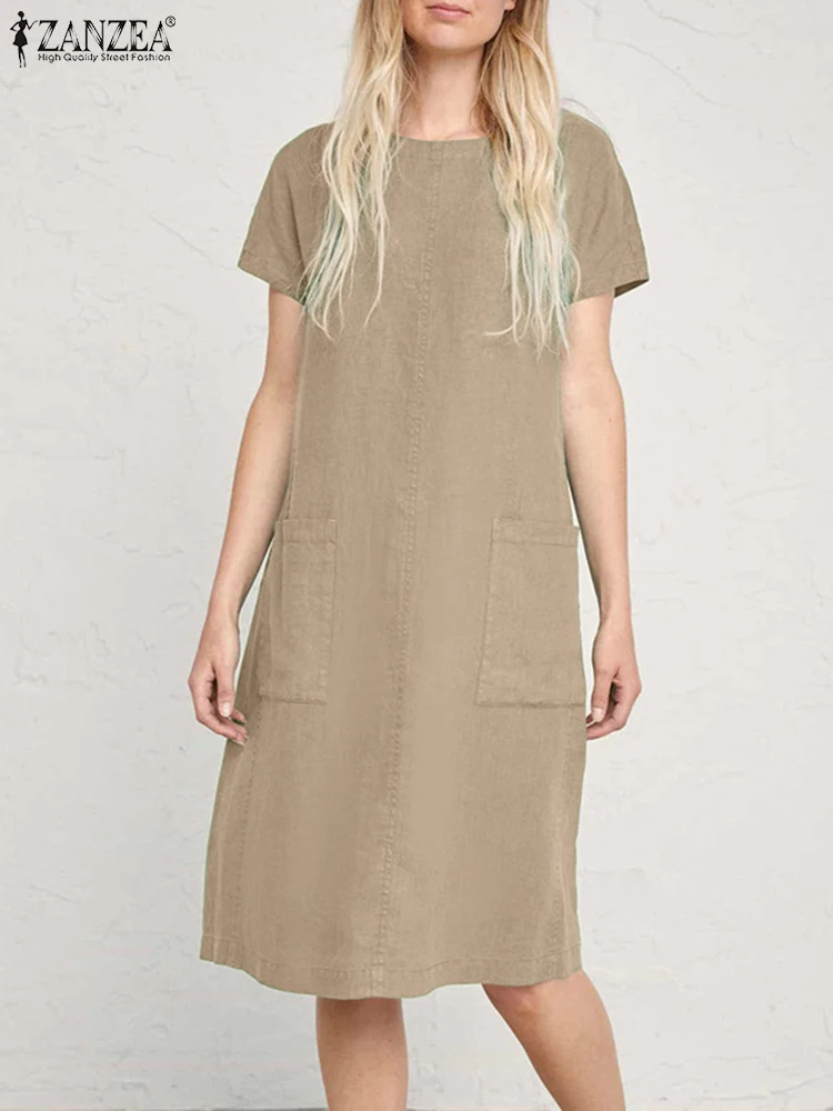 

Лето 2022, Модный женский сарафан ZANZEA с круглым вырезом и коротким рукавом, однотонное платье, женское Элегантное повседневное платье для раб...
