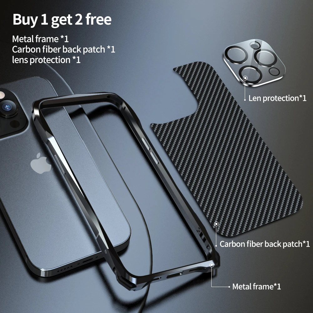 Luphie Metal Bumper For iphone 14 Pro Max Lightweight Aluminum Alloy Frame 14Plus 13 Shockproof Case Back Skin+Lens Protector