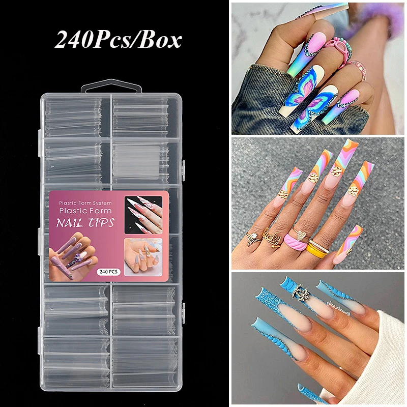 

240PCS/Box XXXL Extra Long Coffin Nail Tips C-Curve Tubular Full Cover Clear Natural Fake Nails Press On Acrylic Salon Supply