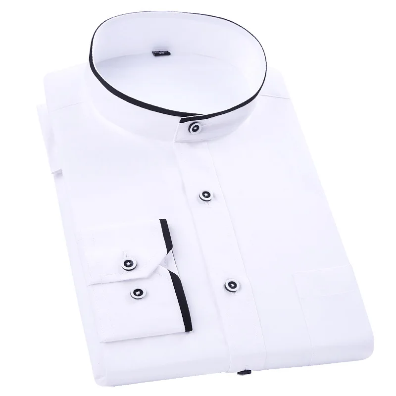 Stand-up Collar Button Shirt Shirts for Men Long Sleeve Business Party Non-ironing Chinese Style Solid Neck Slim Fit Shirt Men