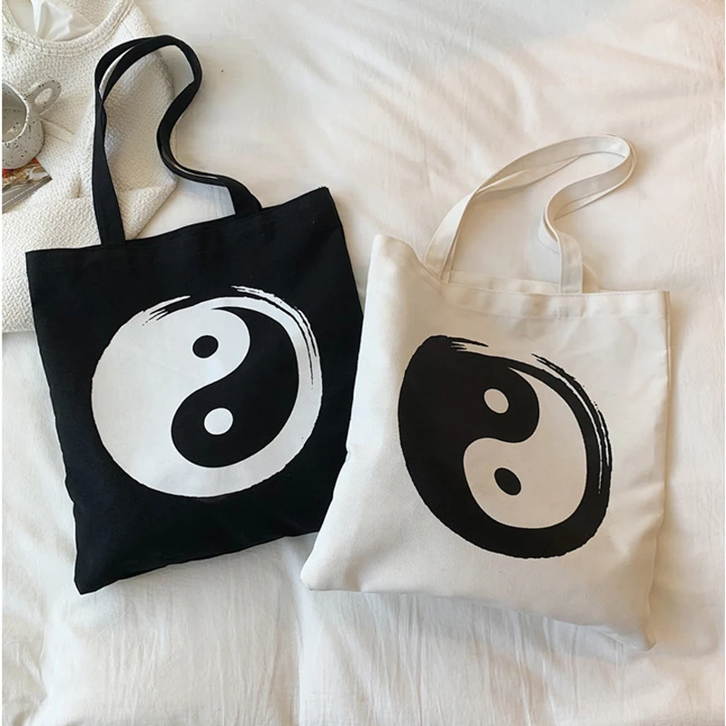 

Vintage Shoulder Bag Canvas Reusable Shopping Bags Eco Friendly Casual Tote Female Handbags Tai Chi Designer Bags for Women