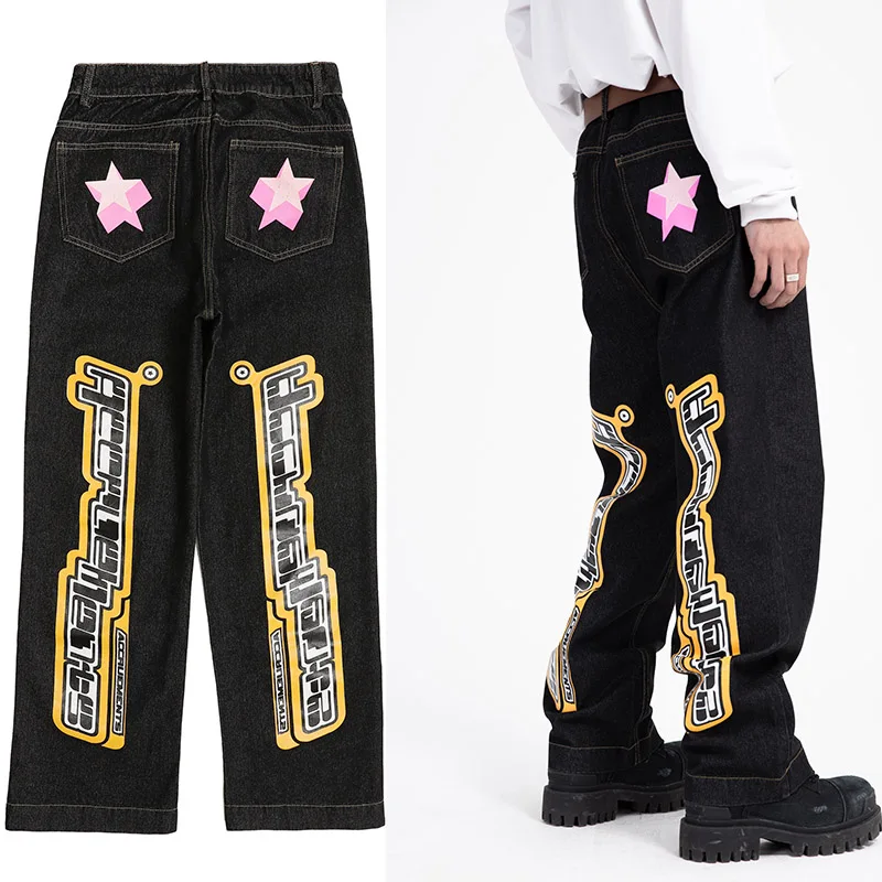 

Harajuku retro graffiti stars black loose jeans men's 2K street clothing goth punk oversized casual pants women's wide legs
