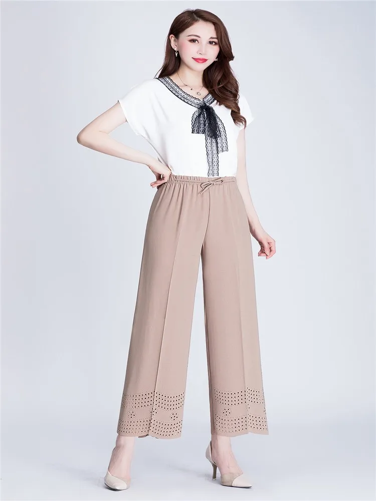 Womenhigh Waist Wide Leg Pants Summer Trousers Female Elegant Mother Thin Beach Wavy Edge Flower Hollow Burning Flower Pants