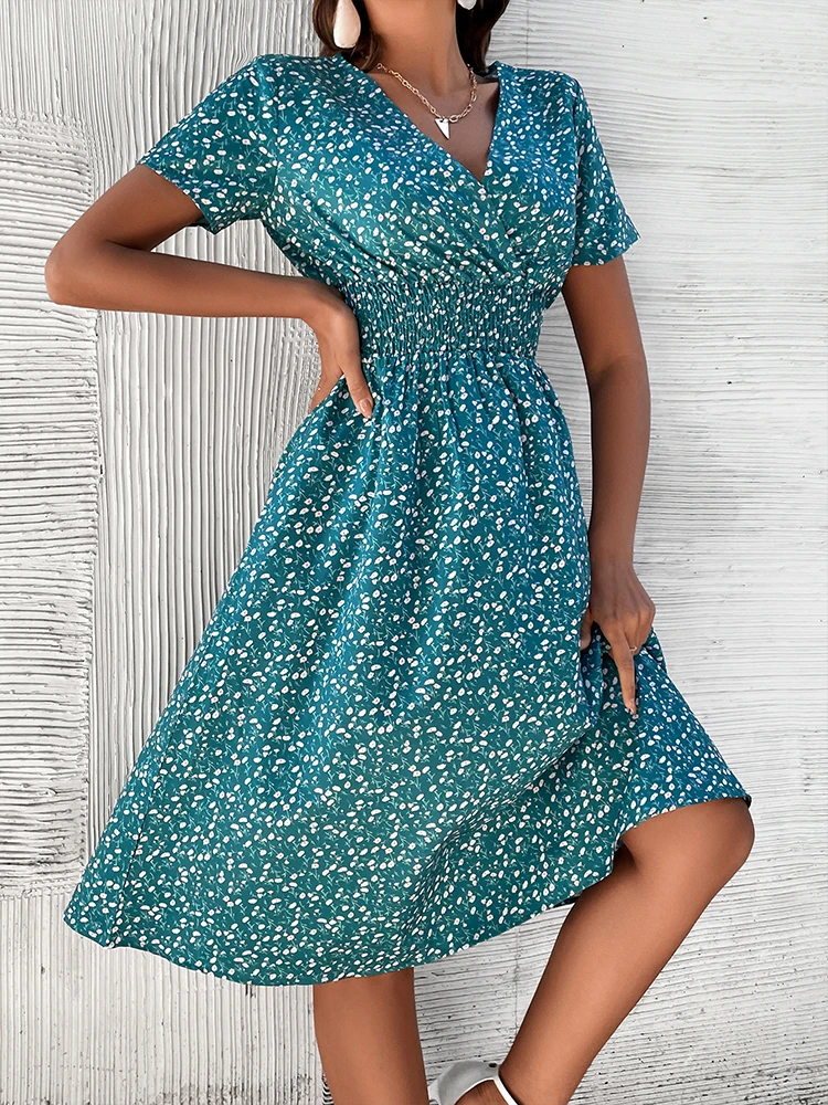 

Summer Women Sexy V Neck Wrap Long Dress Elegant Elastic Waist Slim Party Dress Vintage Flower Printed Short Sleeved Midi Dress