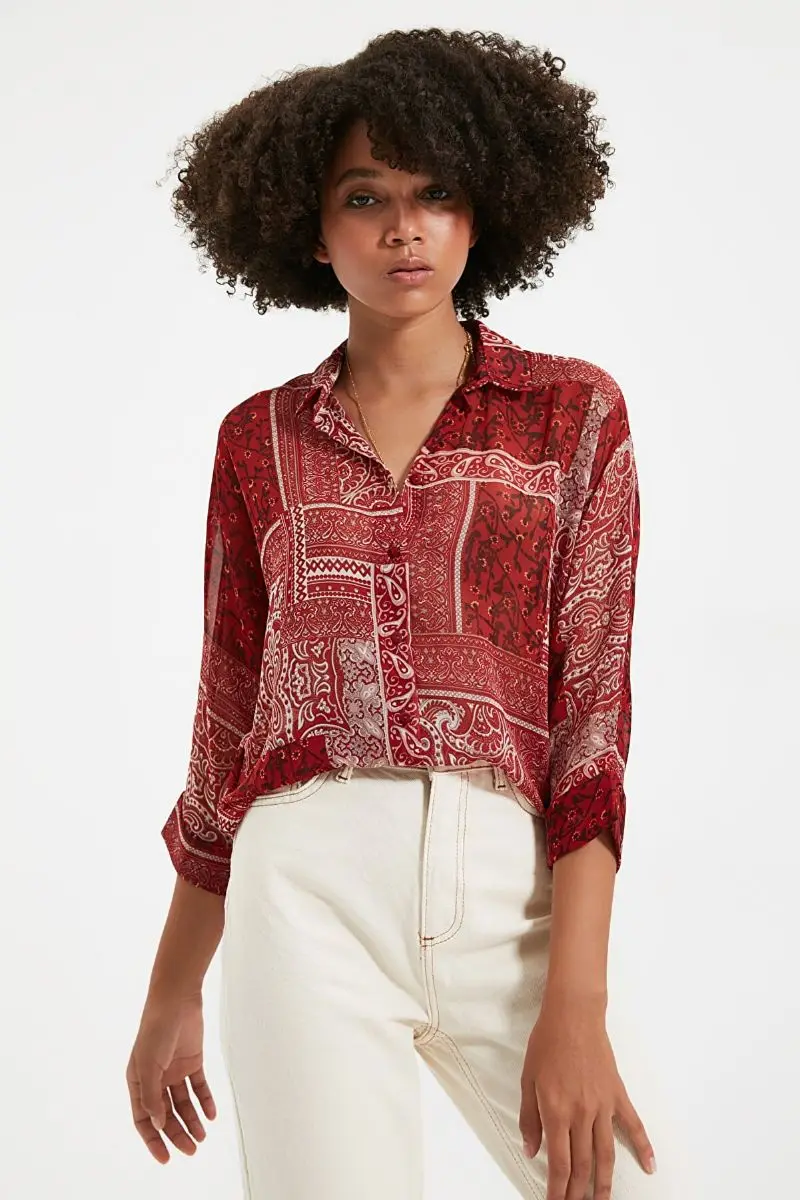 

Burgundy ethnic patterned draped shirt Summer Fashion Women Shirts