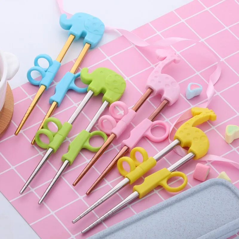 

Stainless Steel Baby Children Learn Chopsticks Training Chopsticks Ring Cartoon Animal Cute Silicone Exercises Hollow Chopsticks