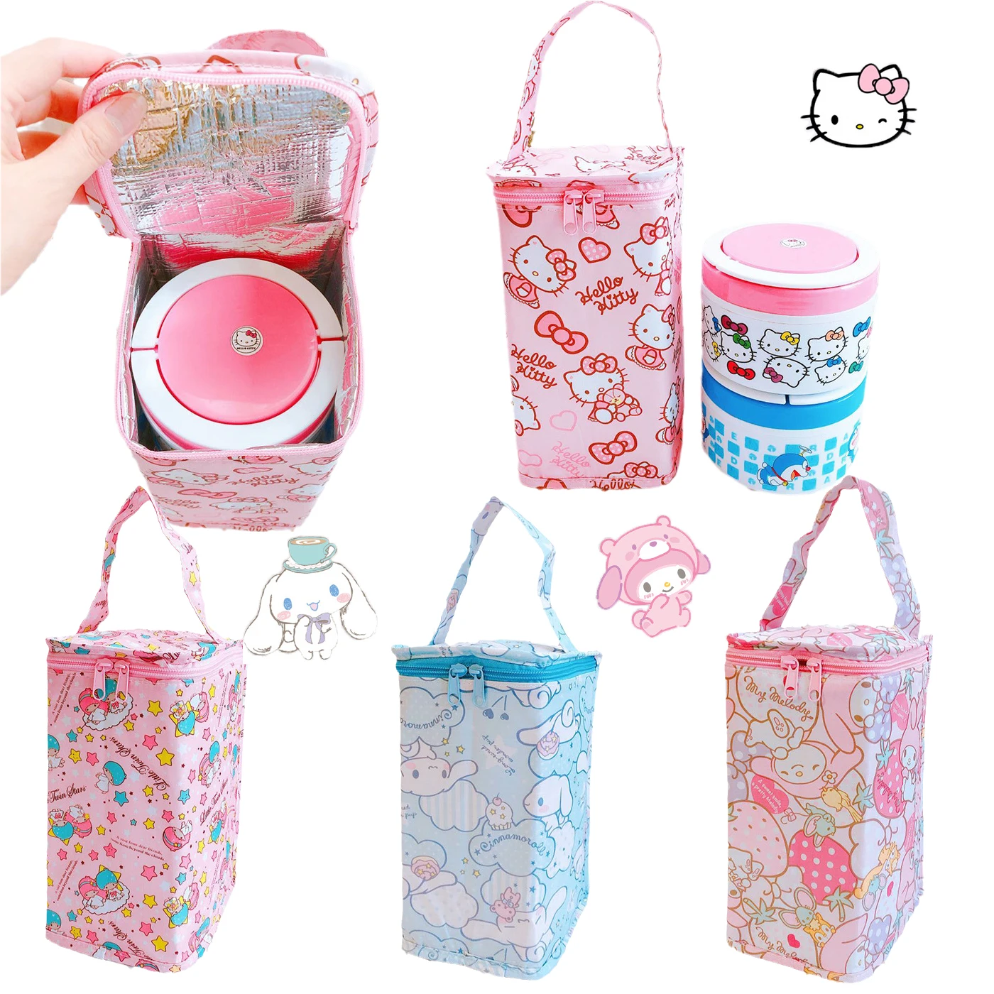 

Kawaii Sanrios Cinnamonroll Kuromi My Melody KT cat Cartoon Round Oxford Cloth Waterproof Insulation Picnic Bag Child Lunch Bag
