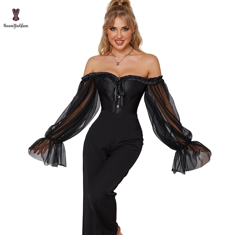 Off Shoulder Long Sleeves Burlesque Overbust Corset Victorian Bustier For Women Plus Size Solid Black Lace Up Boned Corselet