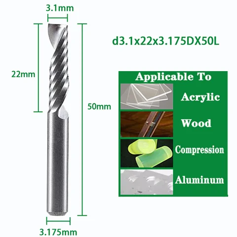 Спиральная Концевая фреза 3,175/4/5/6/8 мм, хвостовик, фрезы с одной канавкой, 3D фреза с ЧПУ, гравировальная резка для акрила, дерева, алюминия