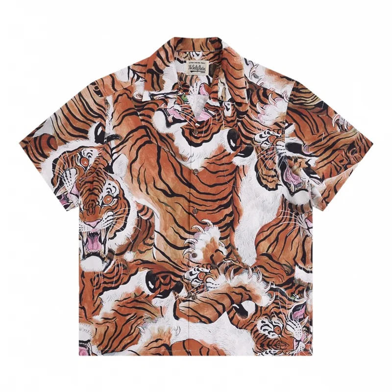 

WACKO MARIA Men's Short Sleeve Shirts 2023 Summer Japan New Hawaiian Cloud Tiger Pattern Full Print Handsome Retro Casual Tops