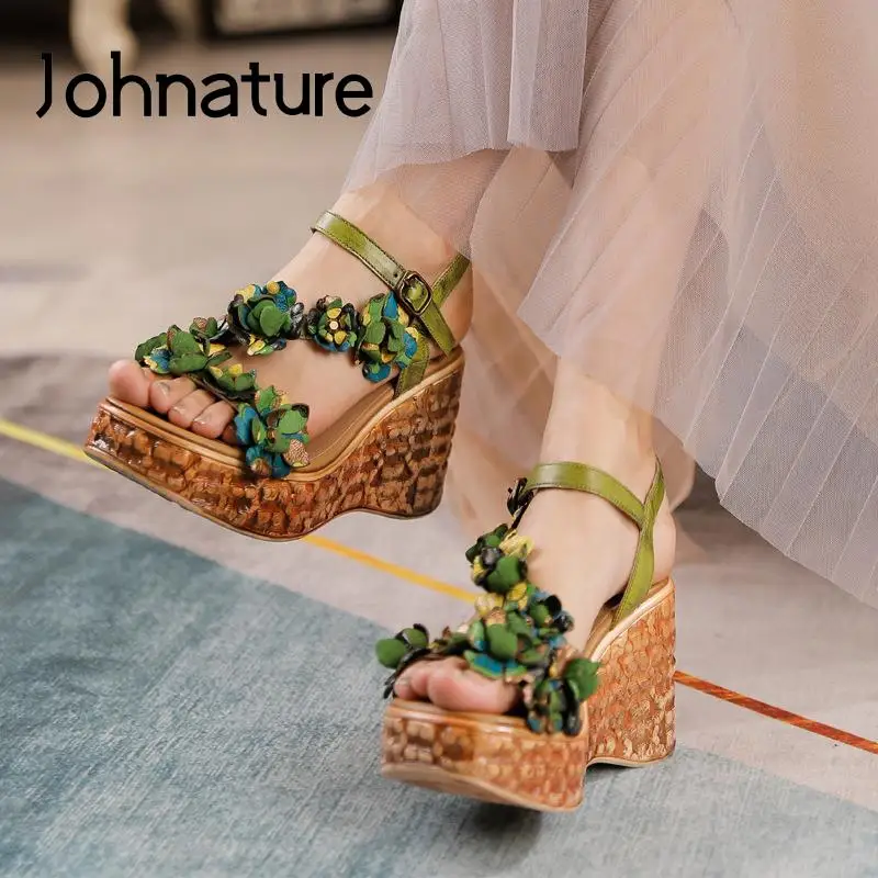 

Женские босоножки на толстой подошве Johnature, кожаные удобные босоножки в стиле мори, с цветочным принтом, на каблуке, для весны, 2022