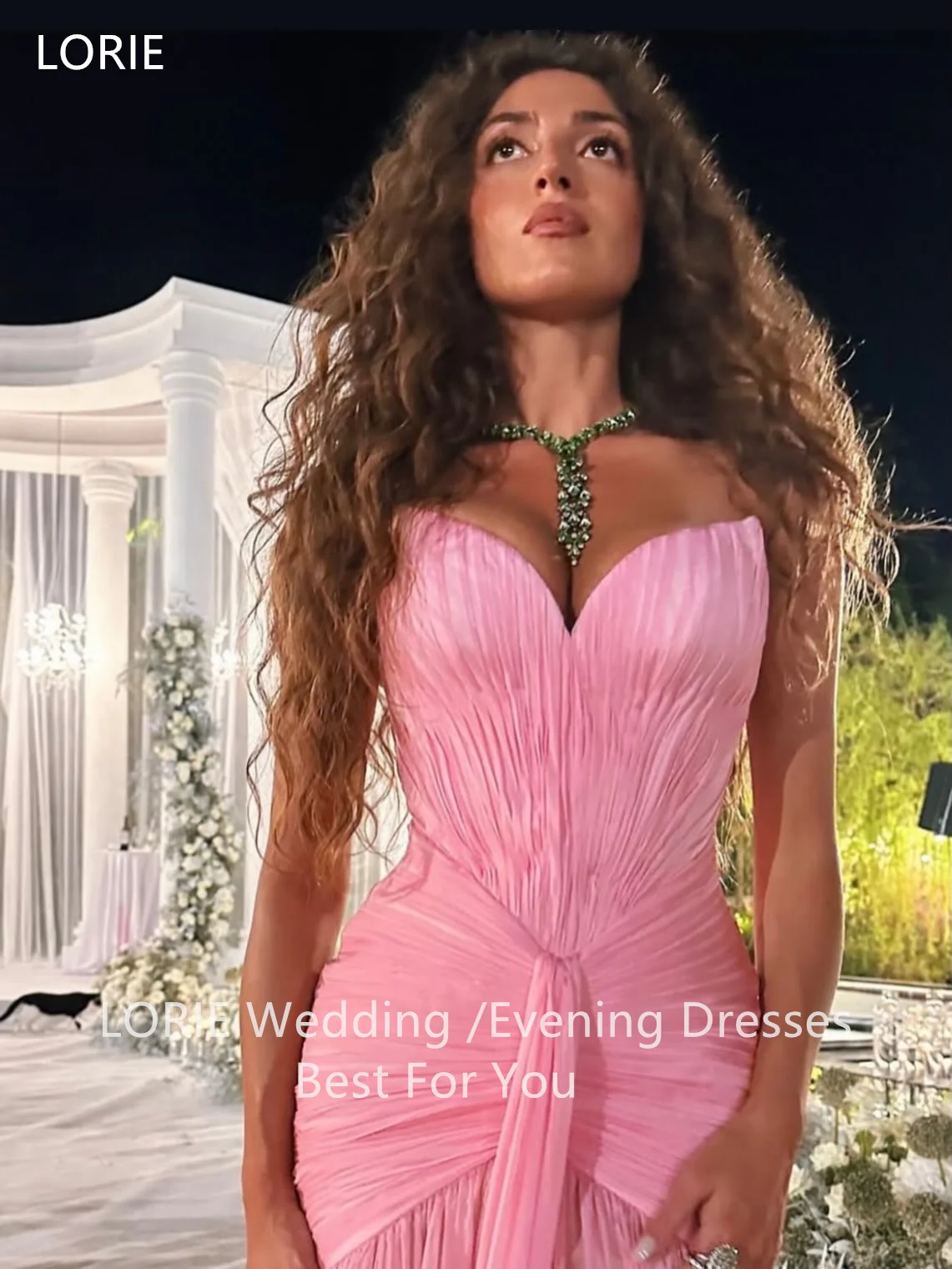 Фото LORIE Шикарные розовые шифоновые вечерние платья без бретелек без рукавов со складками вечернее платье трапециевидной формы с разрезом для выпускного вечера по индивидуальному заказу №4