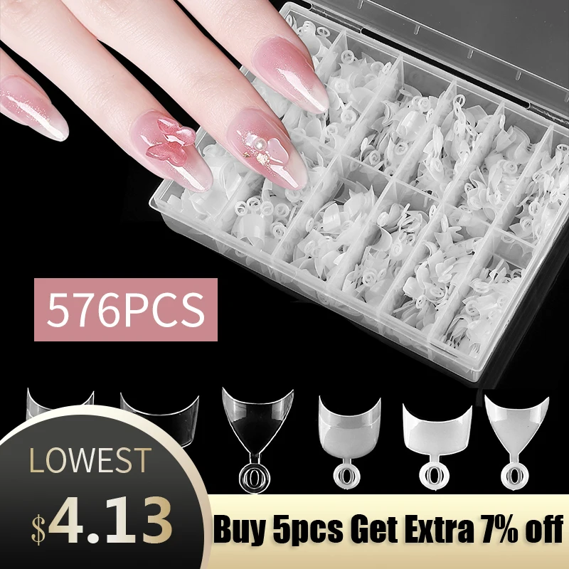 

576 Pcs Boxed Acrylic French Nail Tips Natural/White Short Fake Nails Crescent Shape Half Cover Press On False Nails Decoration