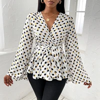 elegant polka dot print chiffon blouses women casual v neck flared long sleeve lace up peplum tops shirts fashion lady bluas
