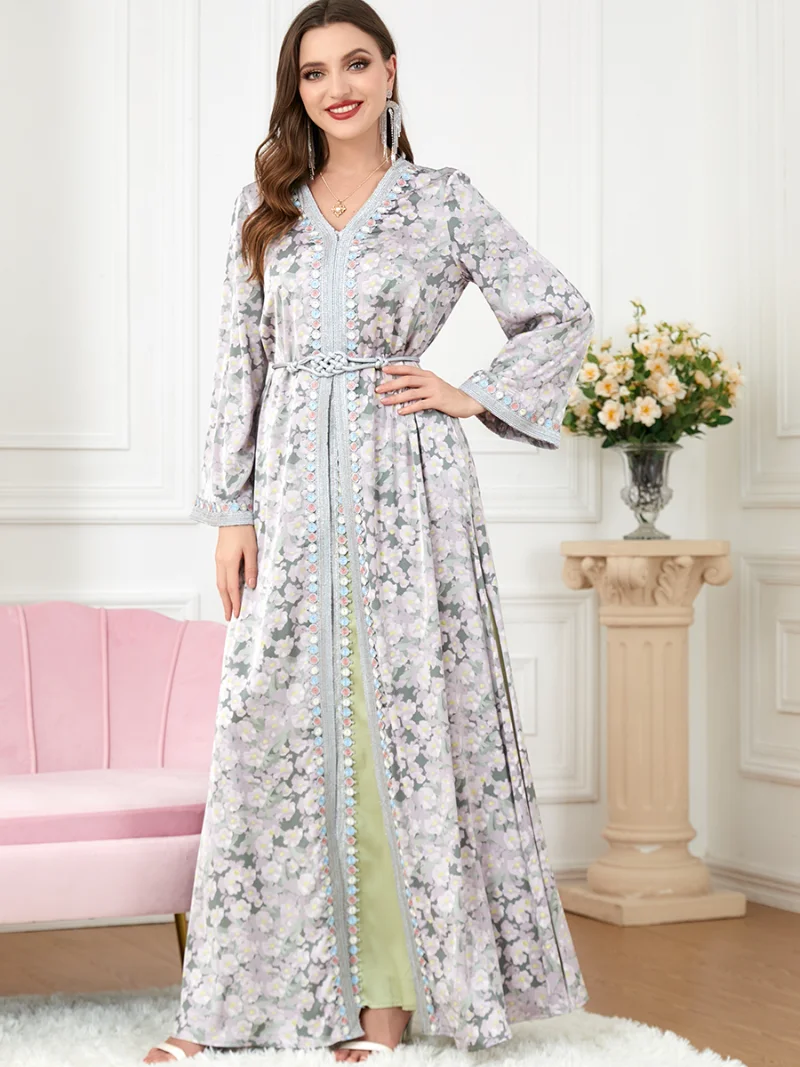 Elegant Women's Dresses Abayas For Women Muslim 2 Pieces Set Floral Print Lace Tape Belted Kaftan Ramadan Gorgeous Party Style