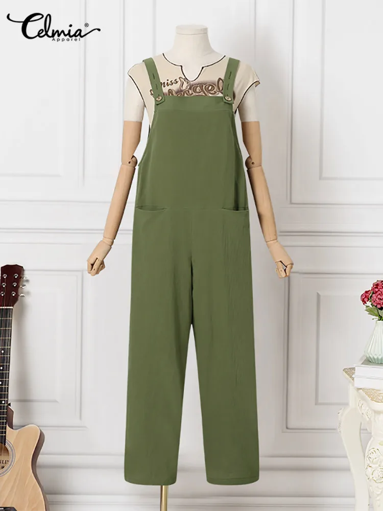 Celmia Summer Long Jumpsuits Women Fashion Sleeveless Suspender Rompers Casual Pockets Romper Streetwear Cotton Soft Overalls