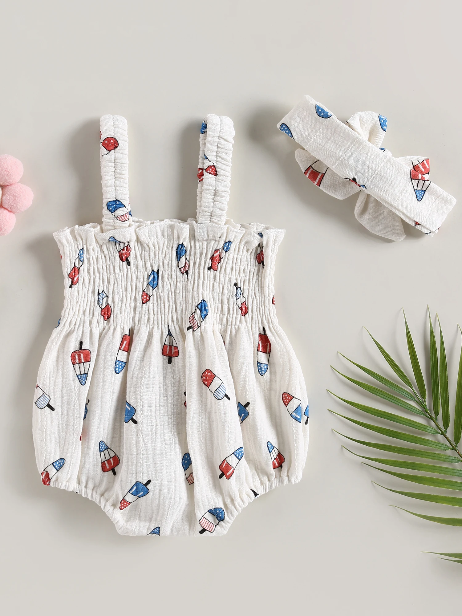 

Adorable Baby Girl Romper Set with Watermelon Print Ruffled Sleeves and Matching Headband - Perfect Summer Outfit for Newborns