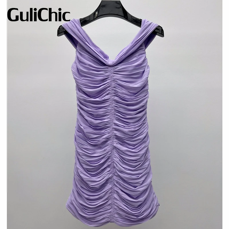 7.4 GuliChic Women Elegant Fashion Sexy Off Shoulder Pleated Slim Package Hip Pencil Dress