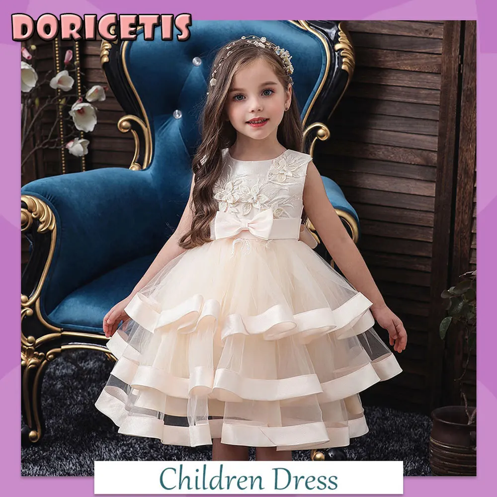 

Girls Dress Flower Embroidered Sleeveless Fluffy Mesh Skirt Children Performance Evening Formal Dress Little Girl Princess Dress
