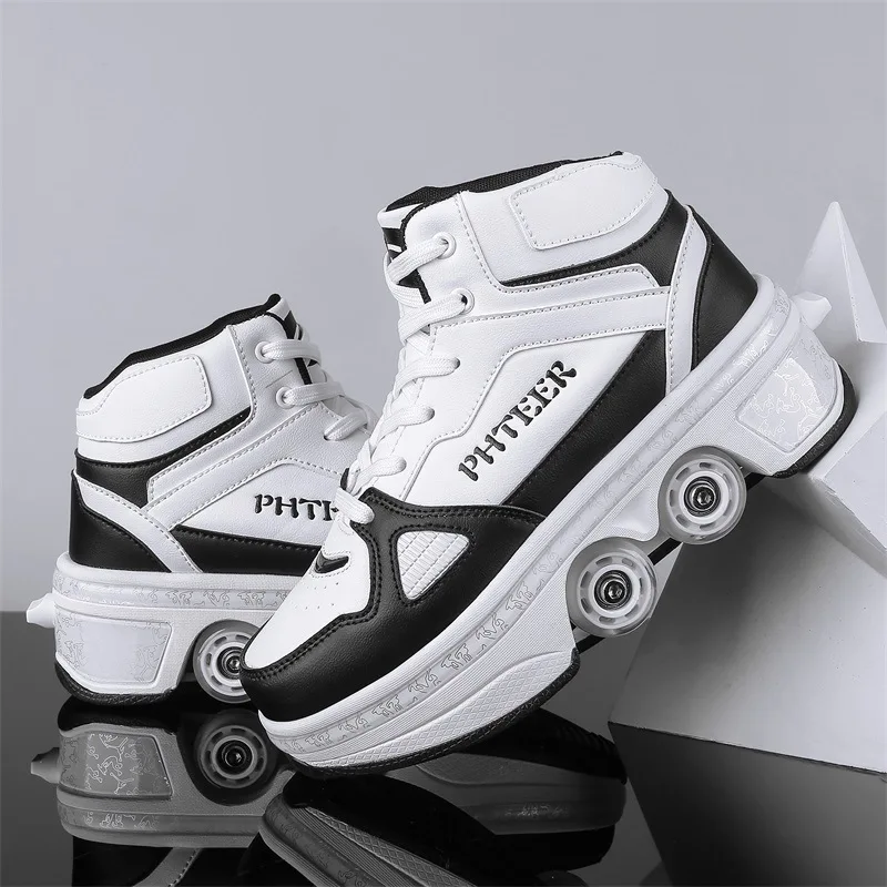 Roller Skates Women Shoes with Wheels Roller Sneakers Double-Row 4-Wheel Skates Dual-Use Roller Skates Skateboard Shoes Sport