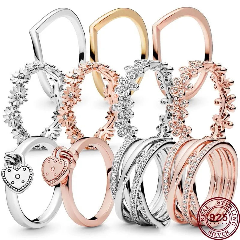 

Hot925 Silver Exquisite Love Heart Daisy Crown Women's Classic Wedding Ring Wedding Gift High Quality Diy Charm Jewelry