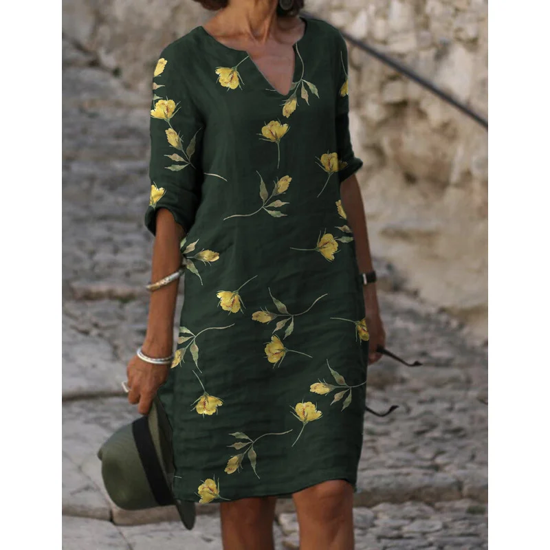 Купи Vintage Artistic Printing Loose Skirt Women 2022 Summer Bamboo Fiber Linen Neck Half Sleeves Casual Female Dress Lady Clothes за 622 рублей в магазине AliExpress