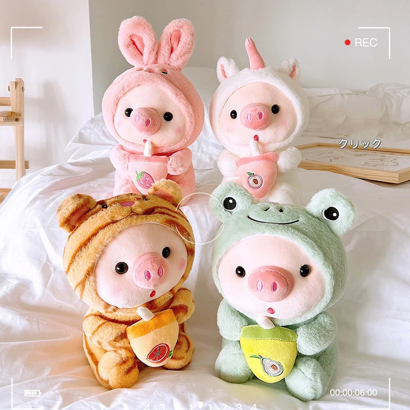 

25cm Cute Piggy Cosplay Unciorn Frog Tiger Bunny Boab Tea Plushie Pink Pig Plush Toy Girl Cuddly Baby Appease Doll Birthday Gift