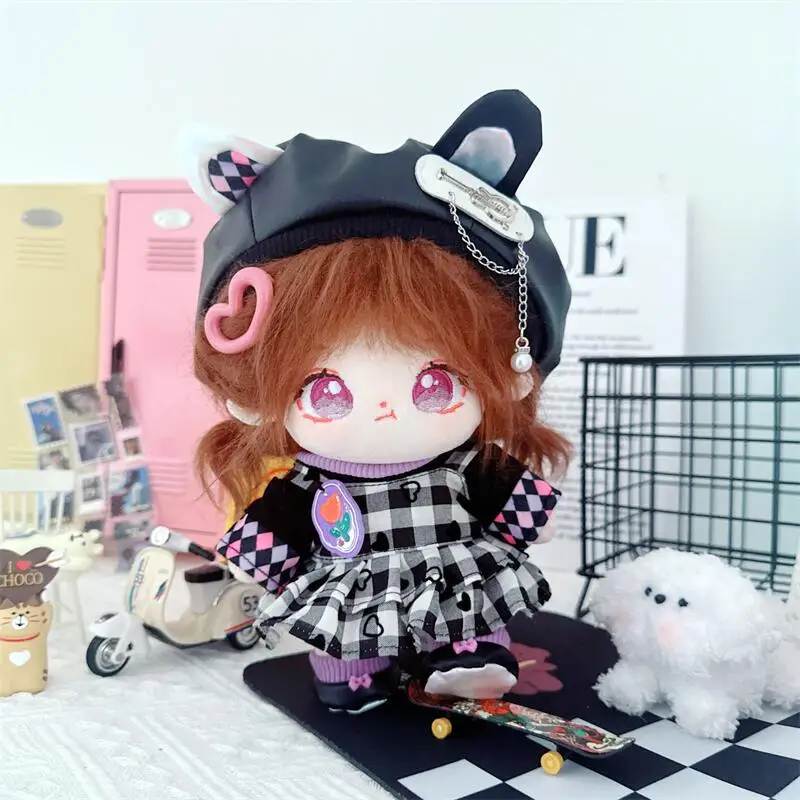 

Кавайная плюшевая кукла в черно-фиолетовую клетку с шапкой, костюм-идол, 20 см, милая мягкая фигурка на заказ, игрушки 1/8, хлопковая плюшевая кукла BJD