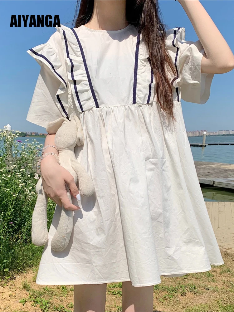 

Белое милое мини-платье с японскими оборками, милые хлопковые платья в стиле пэчворк с коротким рукавом, летнее свободное платье ампир 2022