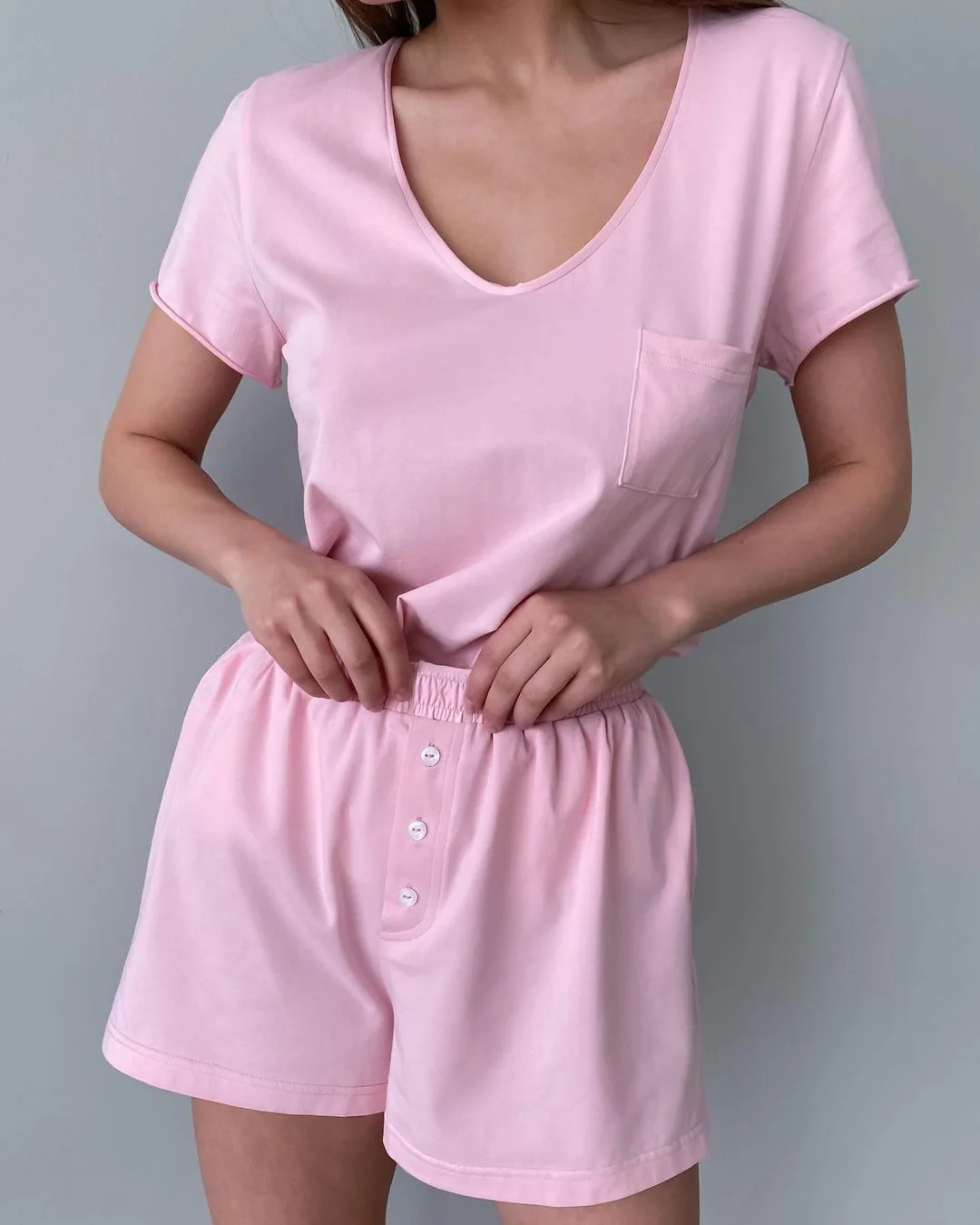 

2023 Outifits Basic Loose Women Loungewear Summer Pajamas Two-Piece Set Casual Solid V-Neck T-Shirt and Shorts Pajamas