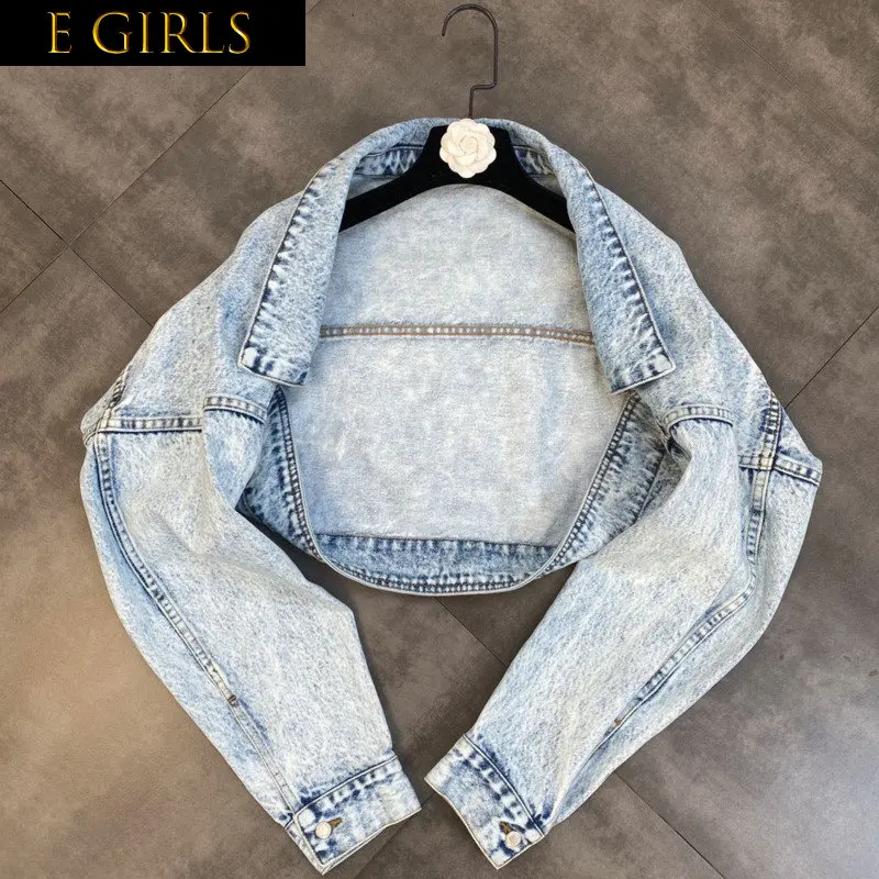 

E GIRLS 2022 Autumn Long Batwing Sleeve Turn Down Collar Light Blue Denim Jacket Women Overalls Vintage Coat GC076