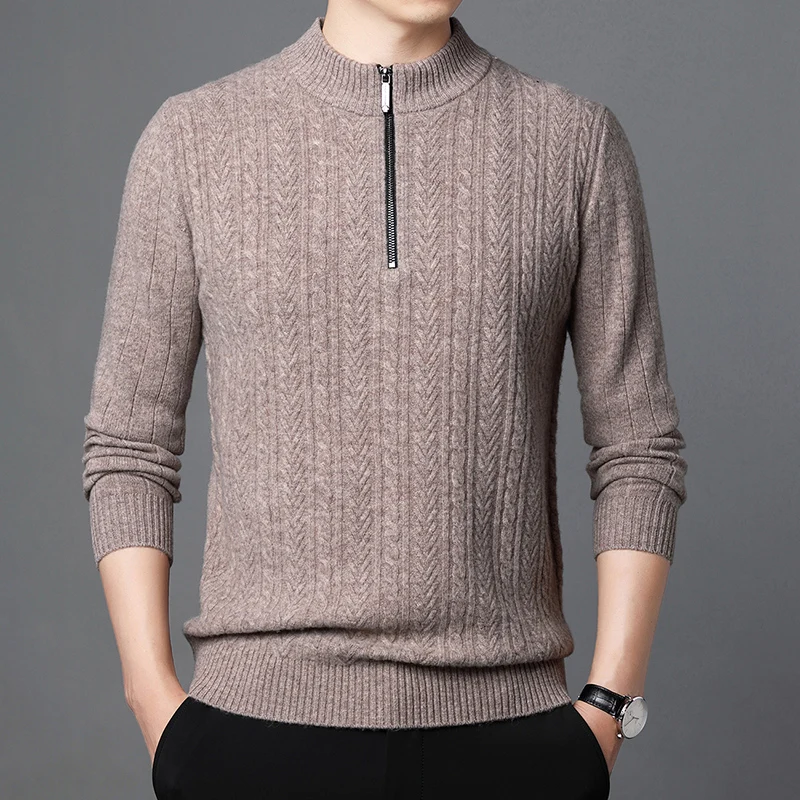 Top Grade Mens 100% Sheep Wool Knit Clothing Autumn & Winter Zipper Jumpers Male Slim Pure Wool Warm Sweaters