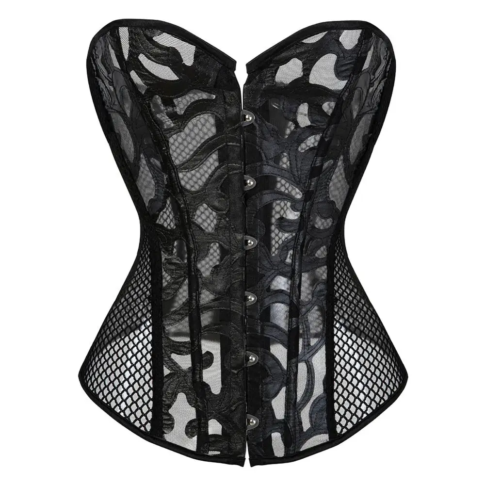 

Corset for Women Hollow Mesh Corsets Burlesque Lace up Gothic Bustier Overbust Corselet Costumes Sexy Tops Black White Lingerie
