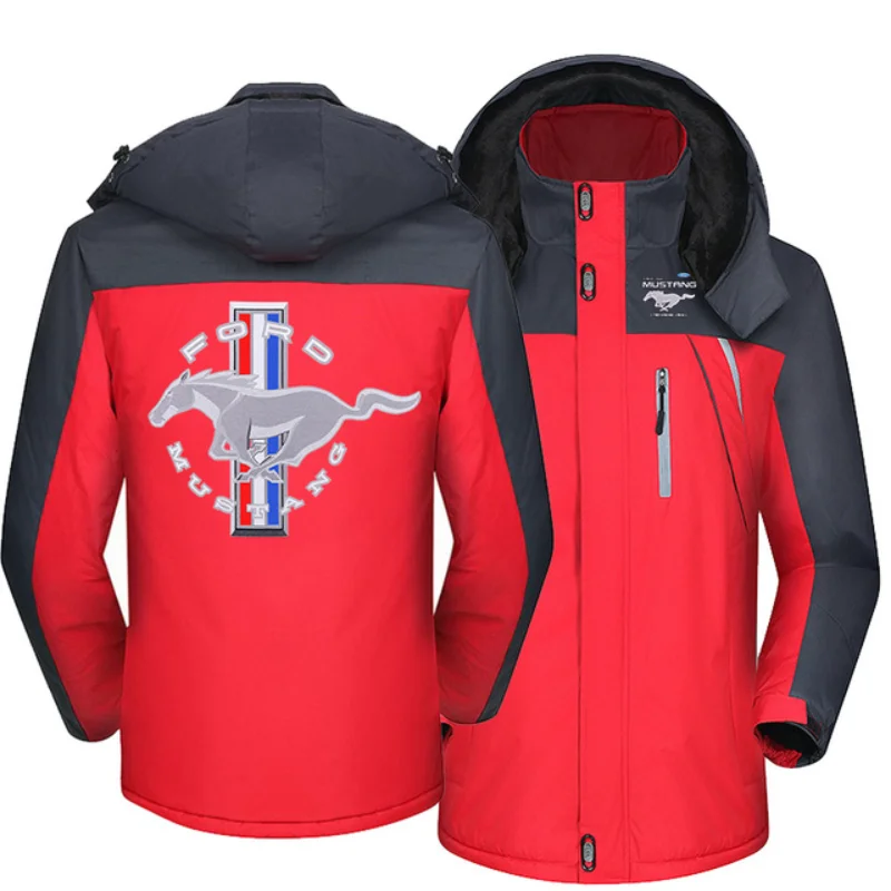 

New Winter Men's Ford Mustang Logo Windproof Hooded Jackets Thick Warm Coats Male Outwear Mountaineering Overcoat Windbreaker